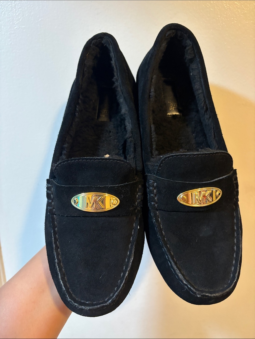 Michael Kors Black Suede Moccasins with Gold MK Plaque